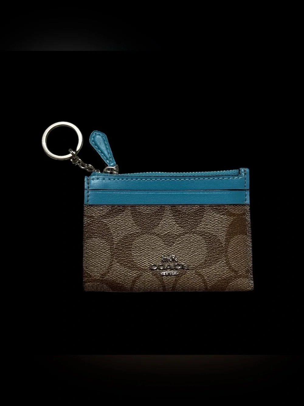 Coach Brown Signature Canvas Card Case with Teal Trim and Key Ring